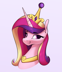 Size: 2413x2777 | Tagged: safe, artist:aquaticvibes, imported from derpibooru, princess cadance, alicorn, pony, bust, crown, eyebrows, eyebrows visible through hair, female, high res, jewelry, mare, regalia, simple background, smiling, solo