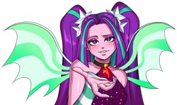 Size: 1501x888 | Tagged: safe, artist:nairdags, imported from derpibooru, aria blaze, equestria girls, rainbow rocks, bare shoulders, blushing, commission, cute, female, fin wings, gem, looking at you, raised eyebrow, reaching, siren gem, sleeveless, solo, wings