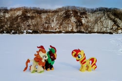 Size: 2048x1365 | Tagged: safe, imported from derpibooru, photographer:pakapaka1993, autumn blaze, cinder glow, summer flare, sunset shimmer, kirin, pony, unicorn, equestria girls, irl, japan, photo, plushie, snow, trio, winter