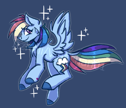 Size: 598x511 | Tagged: safe, artist:itzkaii, imported from derpibooru, rainbow dash, pegasus, pony, backwards cutie mark, blue background, colored hooves, female, flying, mare, simple background, smiling, smirk, solo, sparkles, watermark