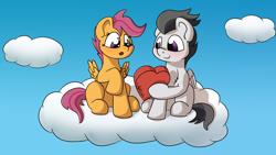 Size: 2016x1138 | Tagged: safe, artist:agent-diego, imported from derpibooru, rumble, scootaloo, pegasus, pony, blushing, candy, cloud, colt, cute, cutealoo, female, filly, foal, food, hearts and hooves day, holiday, male, rumblebetes, rumbloo, shipping, sky, straight, valentine's day