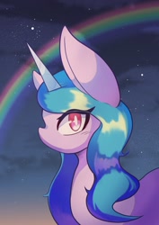 Size: 1191x1684 | Tagged: safe, artist:sc_kis_rko, imported from derpibooru, izzy moonbow, pony, unicorn, bust, female, g5, looking at you, mare, my little pony: a new generation, no mouth, rainbow, solo