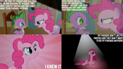 Size: 1280x720 | Tagged: safe, edit, edited screencap, editor:quoterific, imported from derpibooru, screencap, pinkie pie, spike, dragon, earth pony, pony, party of one, season 1, chair, female, floppy ears, grin, male, mare, open mouth, pinkamena diane pie, sad, smiling, sugarcube corner