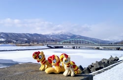 Size: 2048x1327 | Tagged: safe, imported from derpibooru, photographer:pakapaka1993, sunset shimmer, pony, unicorn, equestria girls, bridge, irl, japan, multeity, photo, plushie, self paradox, self ponidox, shimmerstorm, snow, trio, winter