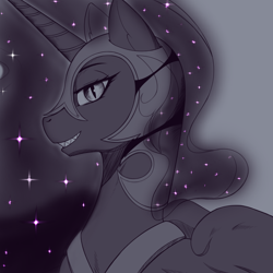 Size: 4000x4000 | Tagged: safe, artist:aerospine, imported from derpibooru, nightmare moon, alicorn, pony, bust, female, grayscale, helmet, looking at you, mare, monochrome, peytral, profile, simple background, smiling, solo