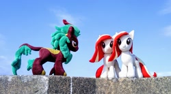 Size: 2048x1131 | Tagged: safe, imported from derpibooru, photographer:pakapaka1993, cinder glow, summer flare, oc, oc:poniko, kirin, pony, irl, japan, photo, plushie, self paradox, self ponidox, trio