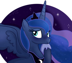 Size: 800x700 | Tagged: safe, artist:bluenightkitty, imported from derpibooru, princess luna, alicorn, pony, bust, female, hoof on chin, hoof shoes, horn, looking away, mare, night, partial background, signature, simple background, smiling, solo, spread wings, white background, wings