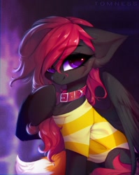 Size: 1760x2211 | Tagged: safe, artist:shenki, imported from derpibooru, oc, oc only, pegasus, pony, belt, belt buckle, clothes, collar, ears back, eyebrows, eyebrows visible through hair, feathered wings, hoof on chest, looking at you, shirt, signature, smiling, solo, spread wings, striped shirt, wings