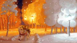 Size: 1920x1080 | Tagged: safe, artist:rrd-artist, imported from derpibooru, oc, oc only, bat pony, earth pony, pony, bat pony oc, clothes, night, scarf, shared clothing, shared scarf, snow, snowfall, streetlight, tree