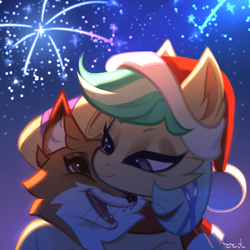 Size: 1920x1920 | Tagged: safe, artist:rrd-artist, imported from derpibooru, oc, oc only, oc:summer ray, fox, pegasus, pony, christmas, fireworks, hat, holiday, hug, santa hat, solo