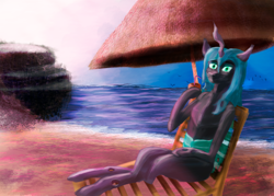 Size: 2480x1772 | Tagged: safe, artist:xelksor, imported from derpibooru, queen chrysalis, changeling, changeling queen, alcohol, beach, cocktail, drink, female, looking at you, lying, magnetic hooves, newbie artist training grounds, ocean, smiling, solo, umbrella, water