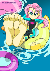 Size: 827x1169 | Tagged: safe, artist:art-2u, imported from derpibooru, fluttershy, equestria girls, i'm on a yacht, spoiler:eqg series (season 2), barefoot, bedroom eyes, breasts, busty fluttershy, equestrian females have smelly feet, eyeshadow, feet, female, fetish, floating, floaty, flutterfeet, fluttershy's wetsuit, foot fetish, foot focus, inflatable, inflatable toy, looking at you, makeup, pool toy, smiling, smiling at you, soles, solo, stinky feet, swimming pool, toes, water, wetsuit