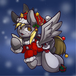 Size: 1191x1191 | Tagged: safe, artist:kyouman1010, imported from derpibooru, derpy hooves, pegasus, pony, bag, christmas, christmas lights, christmas outfit, christmas presents, clothes, female, flying, hat, holiday, mare, paper, present, solo, stars