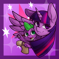 Size: 1190x1190 | Tagged: safe, artist:kyouman1010, imported from derpibooru, spike, twilight sparkle, alicorn, dragon, pony, bust, cutie mark, cutie mark background, duo, female, looking at you, male, mare, parchment, quill, twilight sparkle (alicorn), twilight sparkle's cutie mark