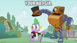 Size: 800x450 | Tagged: safe, edit, edited screencap, imported from derpibooru, screencap, spike, dragon, robot, feeling pinkie keen, baby, baby dragon, cane, caption, clothes, disney, donald duck, hat, image macro, male, solo, surprised, text, top hat, tuxedo