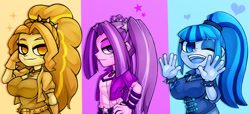Size: 1636x744 | Tagged: safe, artist:kyouman1010, imported from derpibooru, adagio dazzle, aria blaze, sonata dusk, equestria girls, aria flat, breasts, busty adagio dazzle, busty sonata dusk, clothes, delicious flat chest, emanata, female, hand on hip, heart, looking at you, one eye closed, simple background, smiling, smiling at you, sparkles, stars, the dazzlings, trio, wink, winking at you