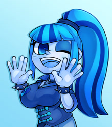 Size: 1041x1190 | Tagged: safe, artist:kyouman1010, imported from derpibooru, sonata dusk, equestria girls, bust, clothes, female, gradient background, looking at you, one eye closed, open mouth, open smile, smiling, solo, wink, winking at you