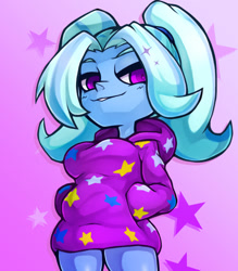 Size: 1041x1190 | Tagged: safe, artist:kyouman1010, imported from derpibooru, trixie, equestria girls, alternate hairstyle, babysitter trixie, bust, clothes, female, gradient background, hand in pocket, hoodie, looking at you, looking down, looking down at you, solo, sparkles, starry background, stars
