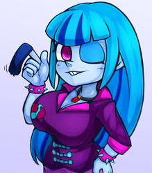 Size: 1041x1190 | Tagged: safe, artist:kyouman1010, imported from derpibooru, sonata dusk, equestria girls, big breasts, breasts, bust, busty sonata dusk, clothes, female, gradient background, hand on hip, heart, looking at you, music notes, one eye closed, solo, spiked wristband, spinning, wink, winking at you, wristband