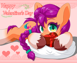 Size: 2000x1650 | Tagged: safe, artist:ragurimo, imported from derpibooru, sunny starscout, earth pony, pony, coat markings, cute, g5, heart, holiday, looking at you, my little pony: a new generation, postcard, present, socks (coat markings), solo, sunnybetes, text, valentine's day