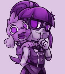Size: 1042x1191 | Tagged: safe, artist:kyouman1010, imported from derpibooru, sci-twi, spike, spike the regular dog, twilight sparkle, dog, equestria girls, clothes, duo, female, glasses, hand on mouth, looking at you, male, open mouth, purple background, shhh, simple background