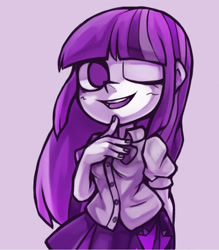 Size: 1042x1191 | Tagged: safe, artist:kyouman1010, imported from derpibooru, twilight sparkle, equestria girls, bust, clothes, female, looking at you, one eye closed, open mouth, purple background, simple background, solo, wink, winking at you