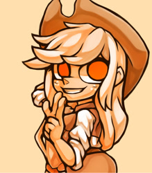 Size: 1042x1191 | Tagged: safe, artist:kyouman1010, imported from derpibooru, applejack, equestria girls, applejack's hat, bust, clothes, cowboy hat, female, hat, looking at you, orange background, peace sign, simple background, smiling, smiling at you, solo