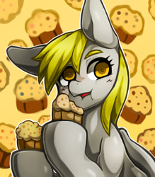 Size: 1157x1323 | Tagged: safe, artist:kyouman1010, imported from derpibooru, derpy hooves, pegasus, pony, bust, eating, female, food, mare, muffin, muffin background, solo