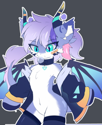 Size: 2722x3350 | Tagged: safe, artist:neverend, imported from derpibooru, oc, oc only, bat pony, semi-anthro, arm fluff, bandaid, bat wings, belly button, bubblegum, cheek fluff, chest fluff, clothes, colored ear fluff, colored hooves, ear fluff, female, food, gray background, gum, heart collar, horns, jacket, jewelry, leg warmers, leonine tail, mare, necklace, pale belly, simple background, slit pupils, socks, solo, spread wings, stockings, tail, thigh highs, whisker markings, wings