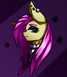 Size: 1157x1323 | Tagged: safe, artist:kyouman1010, imported from derpibooru, fluttershy, pegasus, pony, bust, clothes, ear piercing, fluttergoth, goth, looking at you, piercing, side view, solo