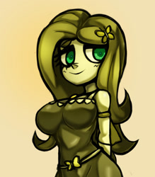 Size: 1157x1323 | Tagged: safe, artist:kyouman1010, imported from derpibooru, fluttershy, equestria girls, big breasts, breasts, bust, female, green eyes, simple background, solo, yellow background