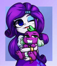 Size: 1042x1191 | Tagged: safe, artist:kyouman1010, imported from derpibooru, rarity, spike, dog, equestria girls, bust, clothes, duo, female, gradient background, holding a dog, looking at you, male, one eye closed, partial background, smug, spike the dog, wink, winking at you