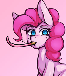 Size: 1157x1323 | Tagged: safe, artist:kyouman1010, imported from derpibooru, pinkie pie, earth pony, pony, bust, emanata, female, looking at you, mare, music notes, party horn, pink background, simple background, solo