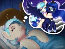 Size: 2982x2267 | Tagged: safe, artist:vinilyart, imported from derpibooru, coco pommel, princess luna, alicorn, pony, bed, bedroom, cloud, crescent moon, crown, dream, eyes closed, hoof shoes, jewelry, moon, onomatopoeia, open mouth, ponies riding ponies, regalia, riding, riding a pony, sleeping, sound effects, zzz
