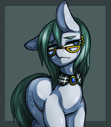 Size: 1157x1323 | Tagged: safe, artist:kyouman1010, imported from derpibooru, cloudy quartz, earth pony, pony, alternate hairstyle, female, glasses, gray background, loose hair, mare, partial background, simple background, solo