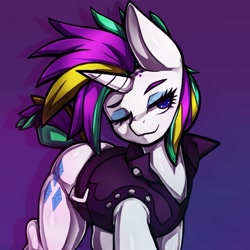 Size: 1323x1323 | Tagged: safe, artist:kyouman1010, imported from derpibooru, rarity, pony, unicorn, alternate hairstyle, clothes, female, gradient background, looking at you, mare, one eye closed, punk, raripunk, solo, wink, winking at you