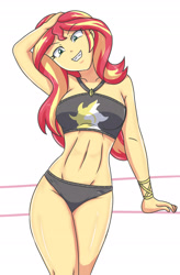 Size: 1806x2757 | Tagged: safe, artist:sumin6301, imported from derpibooru, sunset shimmer, equestria girls, armpits, bare shoulders, bikini, breasts, busty sunset shimmer, clothes, curvy, eyebrows, eyebrows visible through hair, female, grin, high res, hourglass figure, jewelry, legs, looking at you, sexy, simple background, sleeveless, smiling, smiling at you, solo, stupid sexy sunset shimmer, sunset shimmer's beach shorts swimsuit, swimsuit, white background