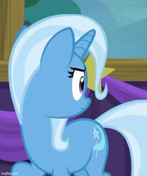 Size: 507x609 | Tagged: safe, imported from derpibooru, screencap, trixie, pony, unicorn, no second prances, season 6, cropped, female, frown, horn, imgflip, looking back, mare, solo