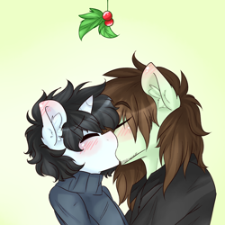 Size: 1600x1600 | Tagged: safe, artist:tokyone-chan, imported from derpibooru, oc, oc only, anthro, earth pony, unicorn, blushing, duo, earth pony oc, eyes closed, gay, gradient background, holly, holly mistaken for mistletoe, horn, kissing, male, oc x oc, shipping, unicorn oc