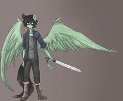 Size: 2700x2200 | Tagged: safe, artist:tokyone-chan, imported from derpibooru, oc, oc only, anthro, pegasus, plantigrade anthro, clothes, gradient background, male, pegasus oc, solo, sword, weapon