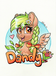 Size: 1626x2192 | Tagged: safe, artist:dandy, imported from derpibooru, oc, oc:sylvia evergreen, pegasus, pony, :3, badge, bouquet, braided pigtails, bust, chest fluff, con badge, copic, ear fluff, female, flower, flower in hair, freckles, hair tie, heart, heart eyes, looking at you, open mouth, pegasus oc, portrait, solo, text, traditional art, wingding eyes, wings