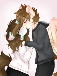 Size: 2021x2695 | Tagged: safe, artist:tokyone-chan, imported from derpibooru, oc, oc only, anthro, pegasus, unicorn, blushing, clothes, duo, eyes closed, female, horn, kissing, male, oc x oc, pegasus oc, shipping, straight, unicorn oc