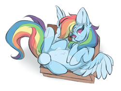 Size: 3040x2304 | Tagged: safe, artist:rico_chan, imported from derpibooru, rainbow dash, pegasus, pony, box, female, frog (hoof), g4, no pupils, pale belly, pony in a box, simple background, sketch, solo, underhoof, white background