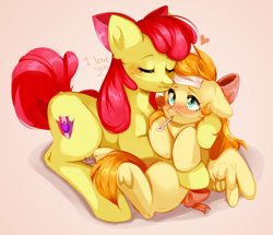 Size: 1920x1653 | Tagged: safe, artist:pledus, imported from derpibooru, apple bloom, oc, oc:deliambre, earth pony, pegasus, pony, backwards thermometer, blushing, duo, female, filly, foal, heart, mother and child, mother and daughter, offspring, older, older apple bloom, parent:apple bloom, sick, thermometer