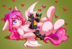 Size: 1920x1323 | Tagged: safe, artist:pledus, imported from derpibooru, oc, oc only, oc:candy bat, bat pony, changeling, nymph, pony, bat pony oc, changeling oc, commission, cute, female, heart, lying down, on back, ych result, yellow changeling