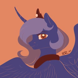 Size: 2000x2000 | Tagged: source needed, safe, artist:rdz, imported from derpibooru, princess luna, alicorn, bust, female, looking at you, orange background, portrait, s1 luna, simple background, solo