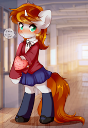 Size: 1920x2810 | Tagged: safe, artist:pledus, imported from derpibooru, oc, oc only, oc:faerie ember, semi-anthro, unicorn, blushing, clothes, commission, female, hoof hold, horn, mare, school unicorn, schoolgirl, skirt, solo, speech bubble, unicorn oc, ych result