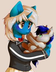 Size: 1920x2447 | Tagged: safe, artist:pledus, imported from derpibooru, oc, oc only, oc:bright drive, bat pony, pony, unicorn, bipedal, clothes, commission, cute, daaaaaaaaaaaw, duo, female, foal, holding a pony, male, schoolgirl, simple background, ych result