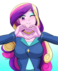 Size: 982x1200 | Tagged: safe, artist:riouku, imported from derpibooru, princess cadance, equestria girls, breasts, busty princess cadance, clothes, cute, cutedance, dean cadance, eyeshadow, female, heart, heart hands, makeup, one eye closed, shirt, solo, suit, wink