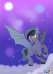 Size: 2576x3593 | Tagged: safe, artist:samsailz, imported from derpibooru, oc, oc:scrimmy, bat pony, pony, bat pony oc, cloud, fangs, flying, heterochromia, moon, night, smiling, solo, spread wings, wings